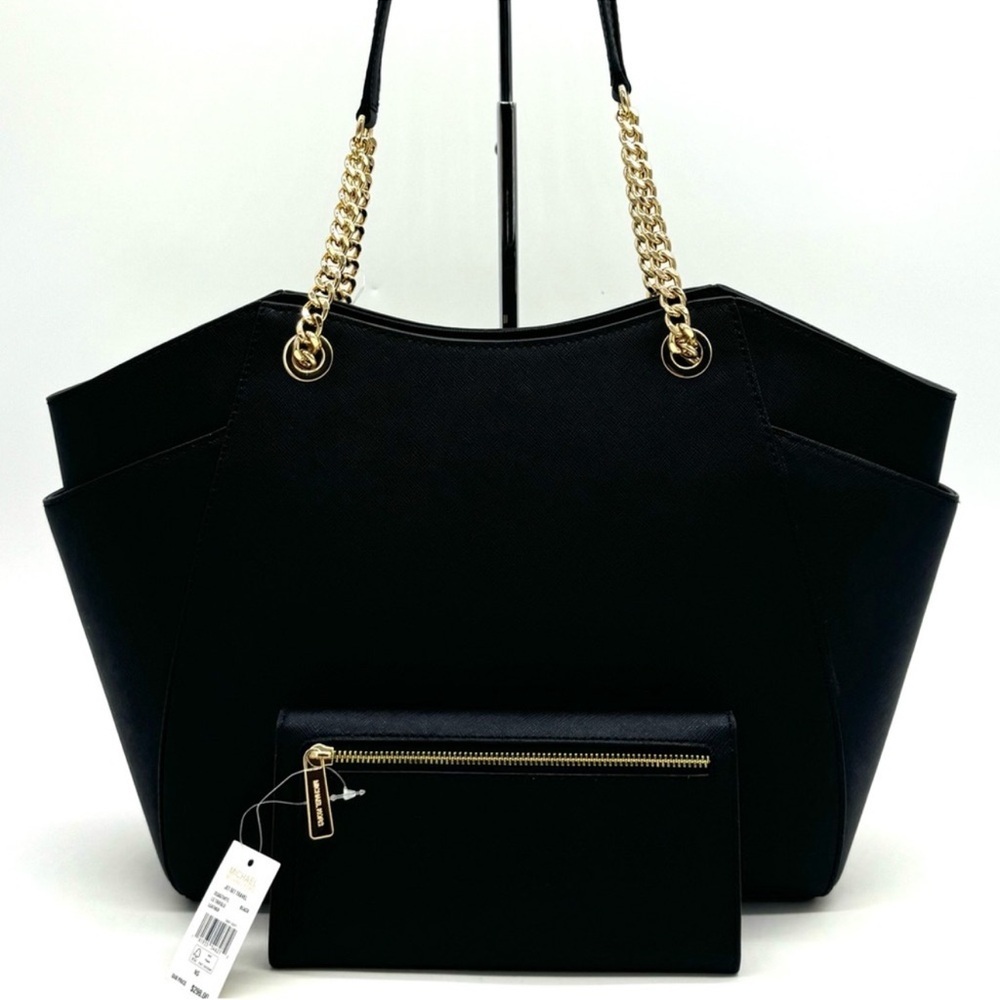 Michael Kors JST Large Chain Shoulder Tote Bag & Trifold Wallet Black/Gold - Picture 4 of 12